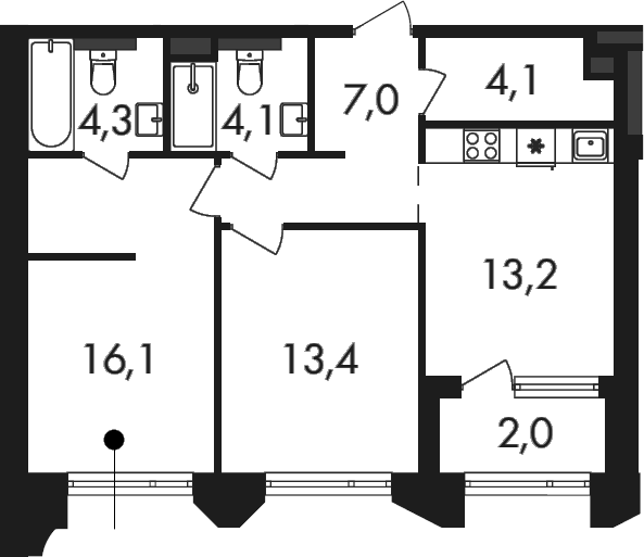 Планировка двухкомнатная 64.2 м² в ЖК «Петровский Парк II», корпус 1