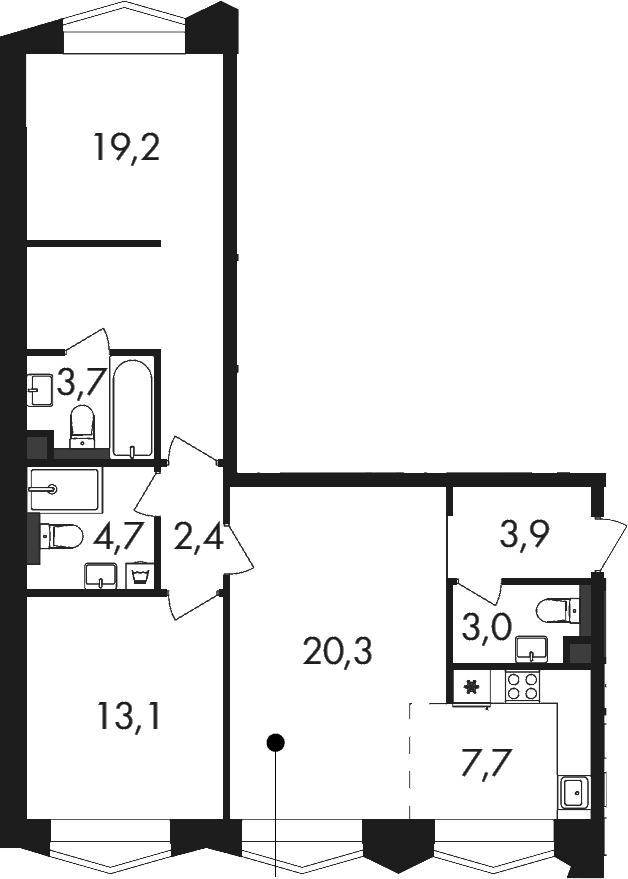 Планировка евротрёшка (3Е) 78 м² в ЖК «Петровский Парк II», корпус 1