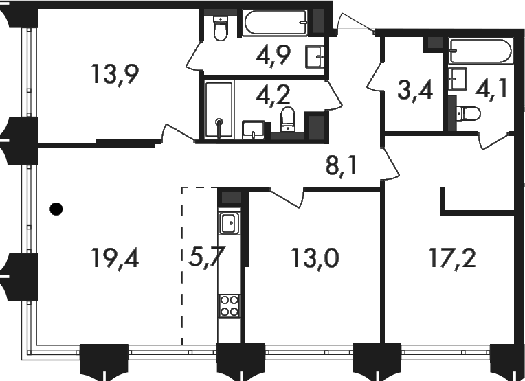 Планировка евро-4 (4Е) 93.9 м² в ЖК «Петровский Парк II», корпус 1