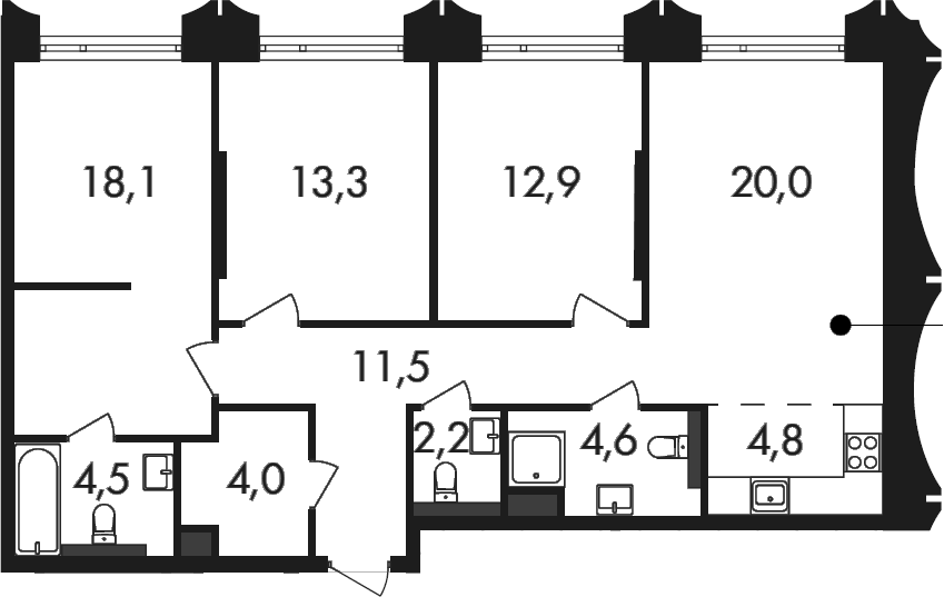 Планировка евро-4 (4Е) 95.9 м² в ЖК «Петровский Парк II», корпус 1