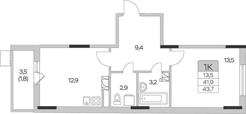 Планировка однокомнатная 43.7 м² в ЖК «Пироговская ривьера», корпус 7