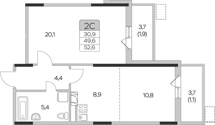 Планировка однокомнатная 52.6 м² в ЖК «Пироговская ривьера», корпус 7