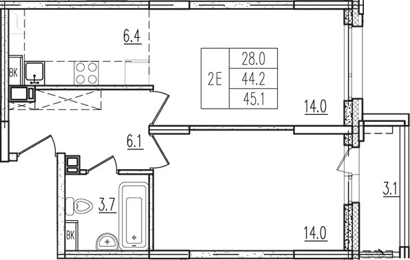Планировка евродвушка (2Е) 45.1 м² в ЖК «Пироговская ривьера», корпус 15