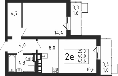 Планировка евродвушка (2Е) 48.6 м² в ЖК «Пироговская ривьера», корпус 4