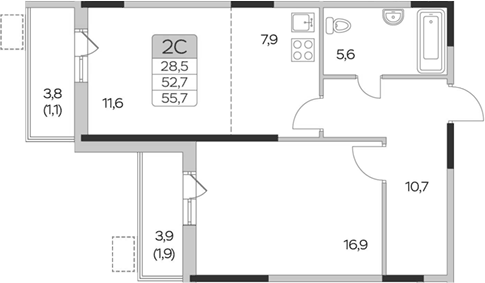 Планировка евродвушка (2Е) 55.7 м² в ЖК «Пироговская ривьера», корпус 5