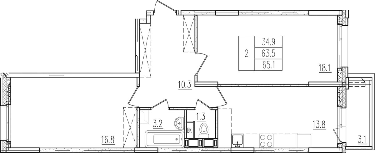 Планировка двухкомнатная 65.1 м² в ЖК «Пироговская ривьера», корпус 15
