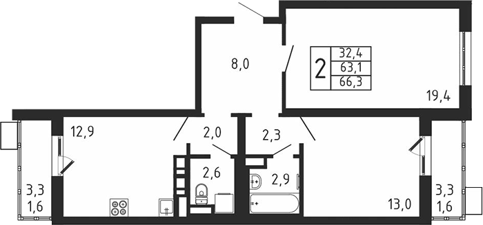 Планировка двухкомнатная 66.3 м² в ЖК «Пироговская ривьера», корпус 4