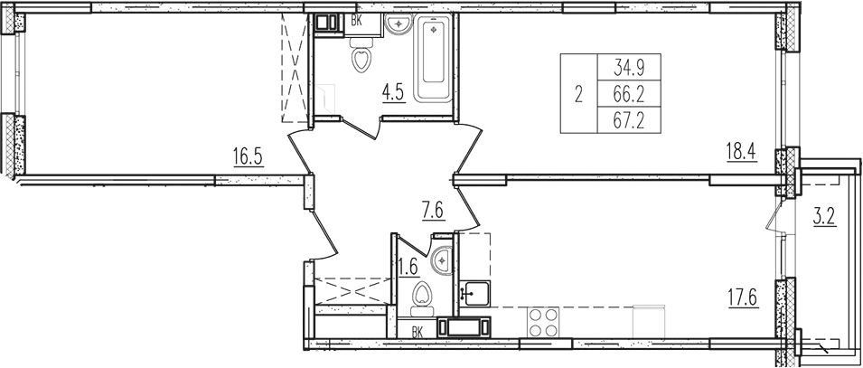 Планировка двухкомнатная 67 м² в ЖК «Пироговская ривьера», корпус 15