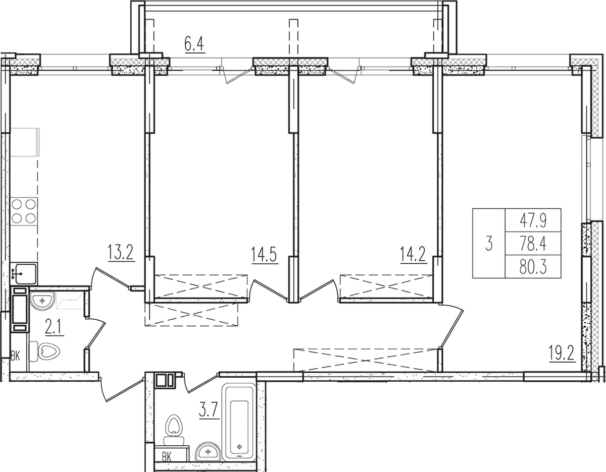Планировка трёхкомнатная 80.4 м² в ЖК «Пироговская ривьера», корпус 15