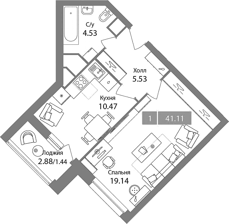 Планировка однокомнатная 41.11 м² в ЖК «Планерный квартал», корпус 2