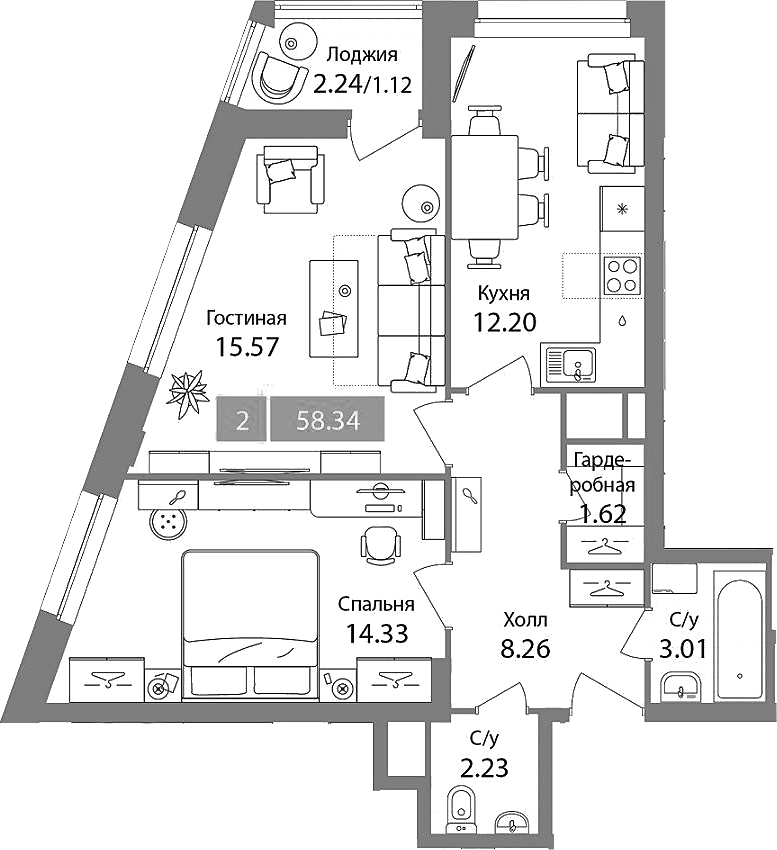 Планировка двухкомнатная 58.34 м² в ЖК «Планерный квартал», корпус 2