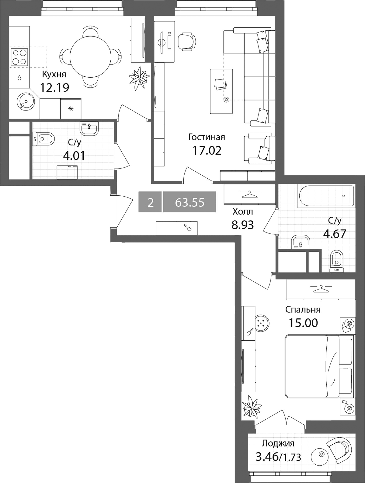 Планировка двухкомнатная 63.55 м² в ЖК «Планерный квартал», корпус 4/3