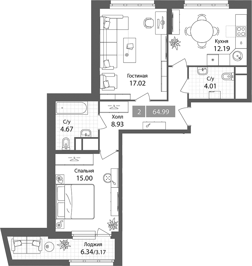 Планировка двухкомнатная 64.99 м² в ЖК «Планерный квартал», корпус 4/2