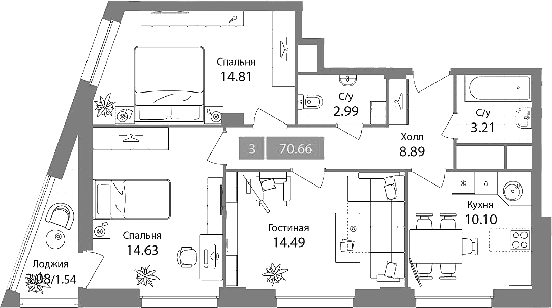 Планировка трёхкомнатная 70.66 м² в ЖК «Планерный квартал», корпус 2