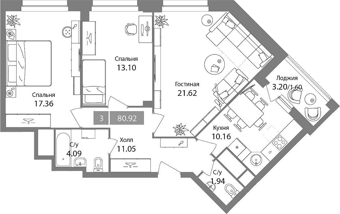 Планировка трёхкомнатная 80.92 м² в ЖК «Планерный квартал», корпус 2