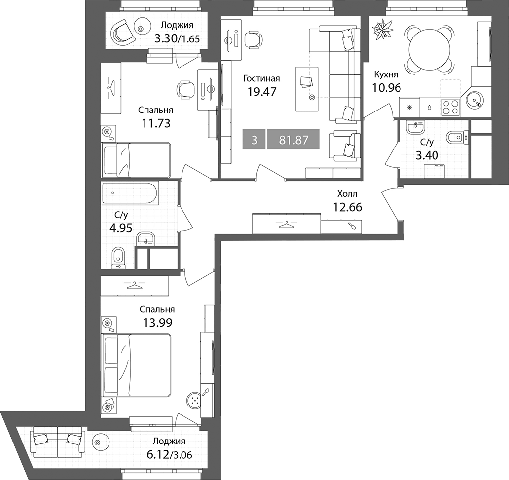 Планировка трёхкомнатная 81.87 м² в ЖК «Планерный квартал», корпус 4/3