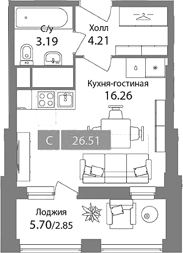 Планировка Студии 26.51 м² в ЖК «Планерный квартал», корпус 1