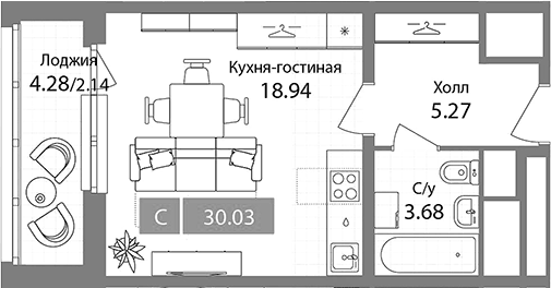 Планировка Студии 30.03 м² в ЖК «Планерный квартал», корпус 4/1