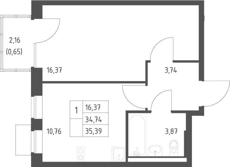 Планировка однокомнатная 35.39 м² в ЖК «Подольские кварталы», корпус 4