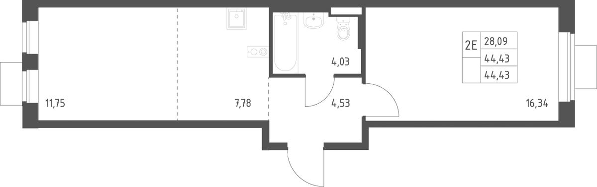 Планировка евродвушка (2Е) 44.43 м² в ЖК «Подольские кварталы», корпус 4