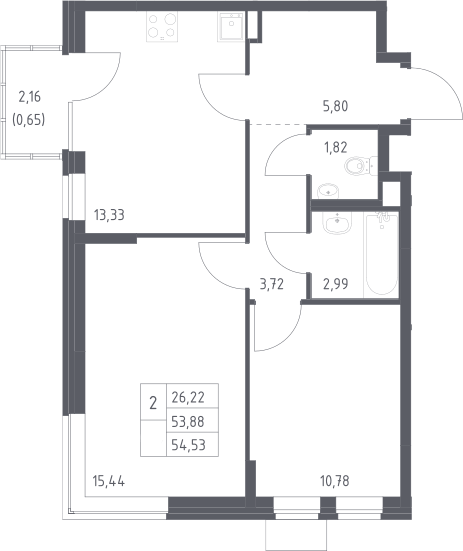 Планировка двухкомнатная 54.53 м² в ЖК «Подольские кварталы», корпус 4