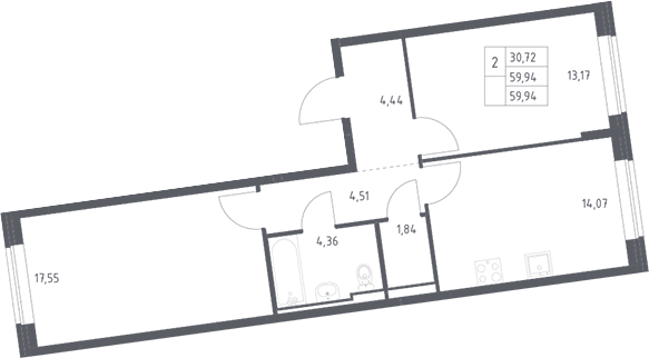 Планировка двухкомнатная 59.94 м² в ЖК «Подольские кварталы», корпус 2