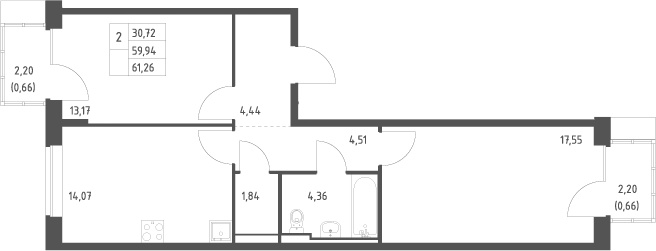 Планировка двухкомнатная 61.26 м² в ЖК «Подольские кварталы», корпус 3