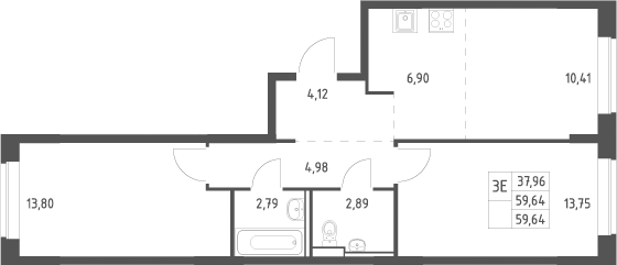 Планировка евротрёшка (3Е) 59.64 м² в ЖК «Подольские кварталы», корпус 2