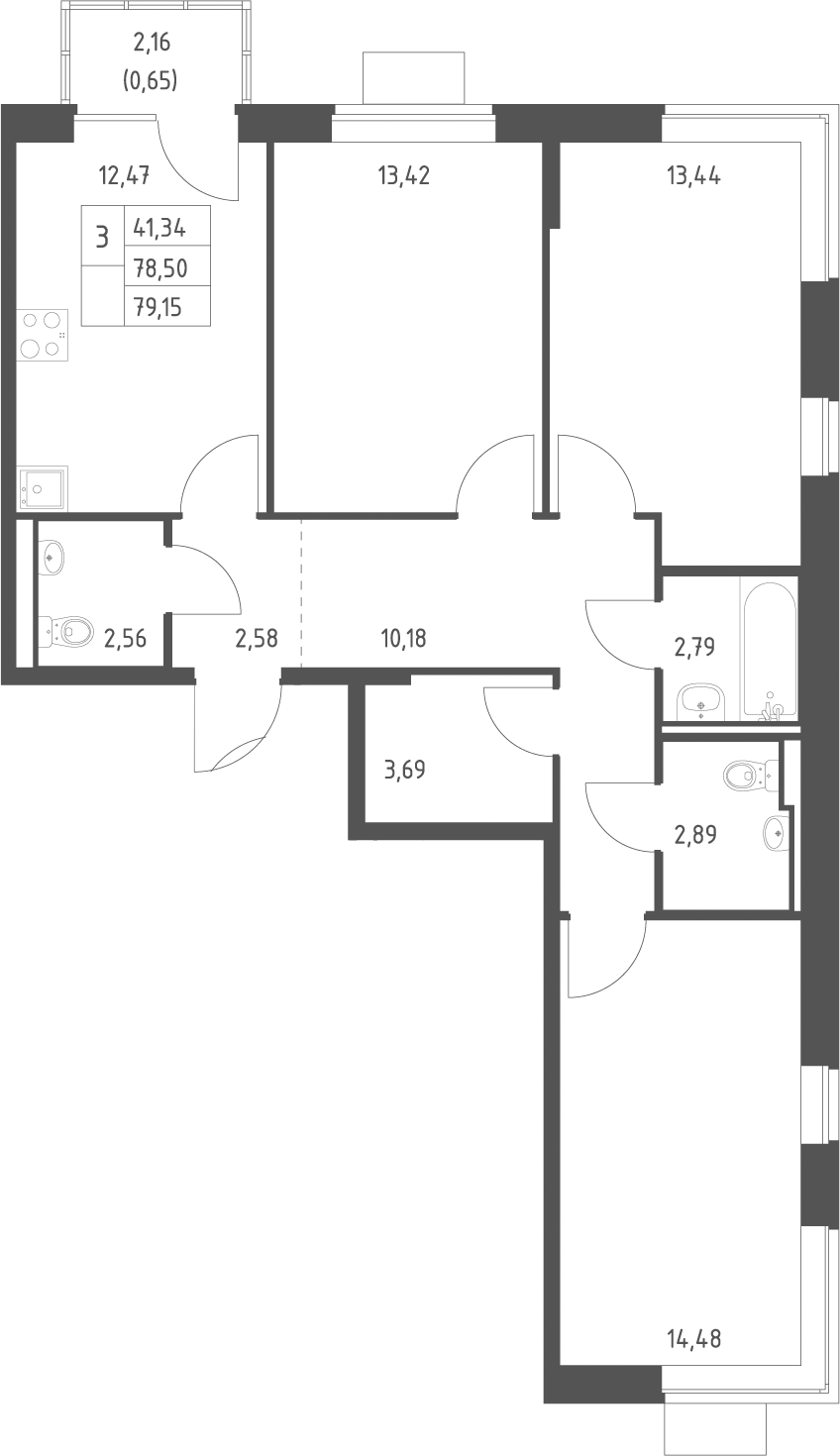 Планировка трёхкомнатная 79.15 м² в ЖК «Подольские кварталы», корпус 4