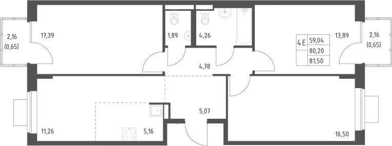Планировка евро-4 (4Е) 81.5 м² в ЖК «Подольские кварталы», корпус 4