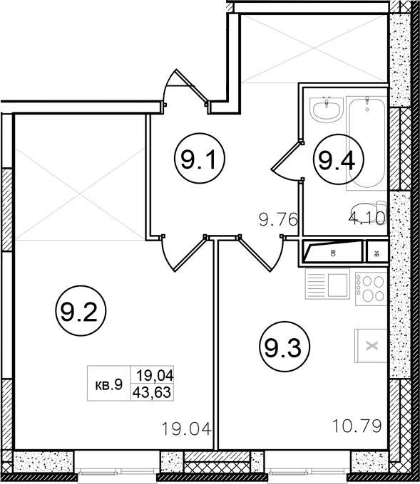 Планировка однокомнатная 43.63 м² в ЖК «Портал», корпус 1