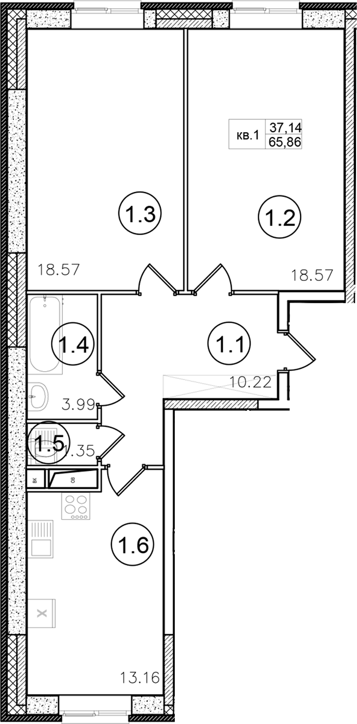 Планировка двухкомнатная 65.86 м² в ЖК «Портал», корпус 1