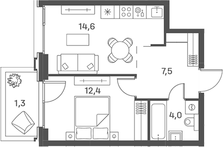 Планировка евродвушка (2Е) 39.8 м² в ЖК «Портленд», корпус 6