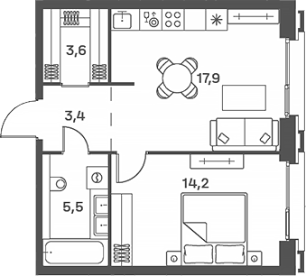 Планировка евродвушка (2Е) 44.6 м² в ЖК «Портленд», корпус 8