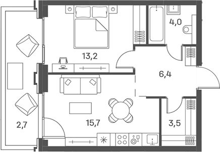 Планировка евродвушка (2Е) 45.5 м² в ЖК «Портленд», корпус 6