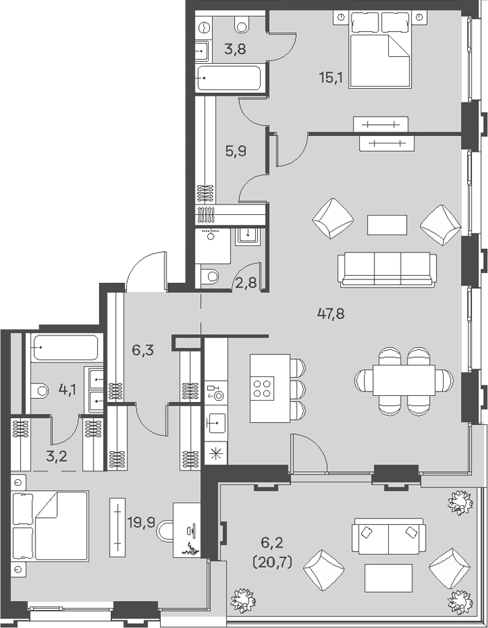 Планировка евротрёшка (3Е) 115.1 м² в ЖК «Портленд», корпус 5