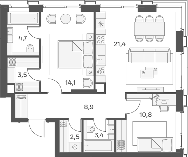 Планировка евротрёшка (3Е) 69.3 м² в ЖК «Портленд», корпус 4
