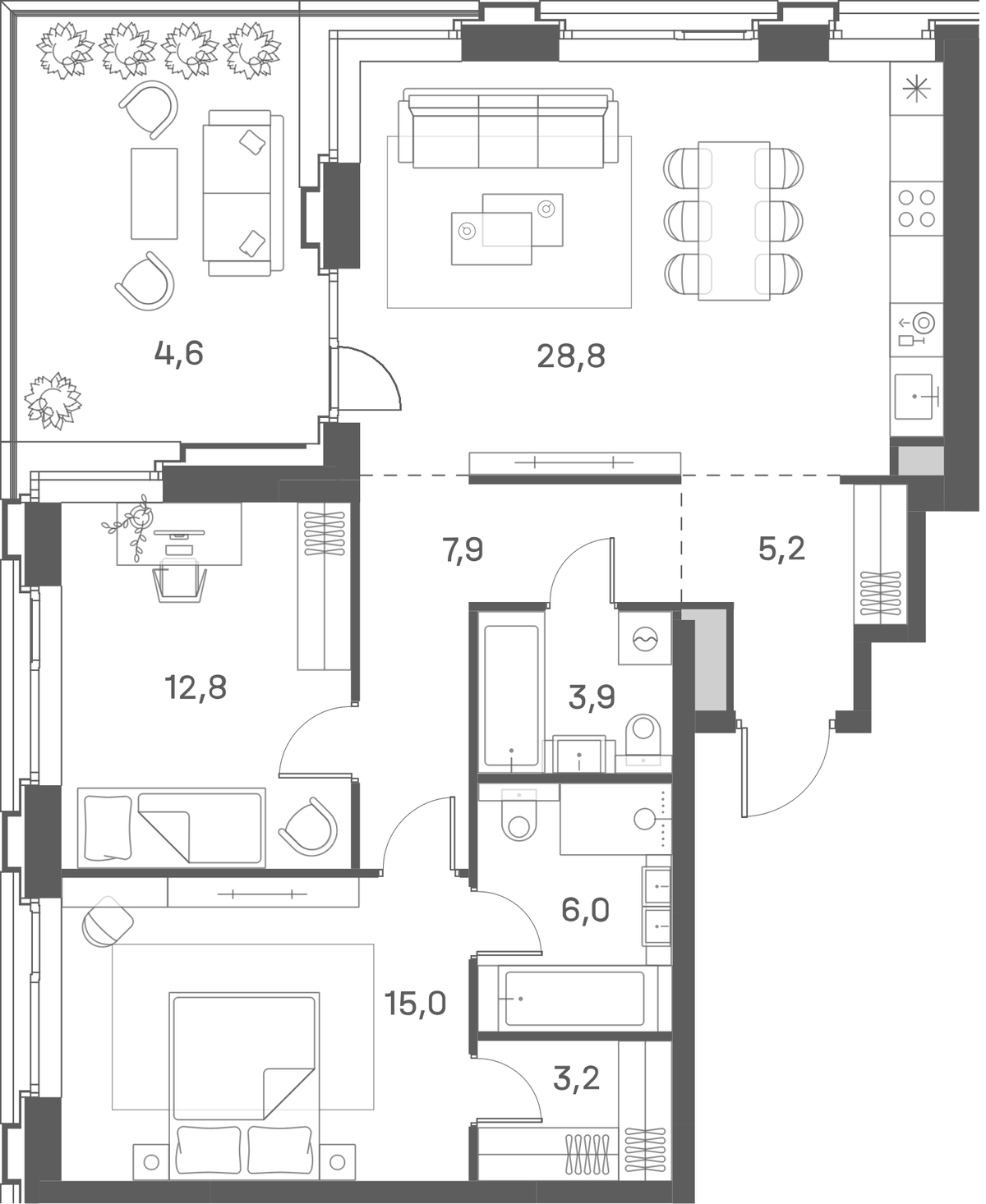 Планировка евротрёшка (3Е) 87.4 м² в ЖК «Портленд», корпус 4