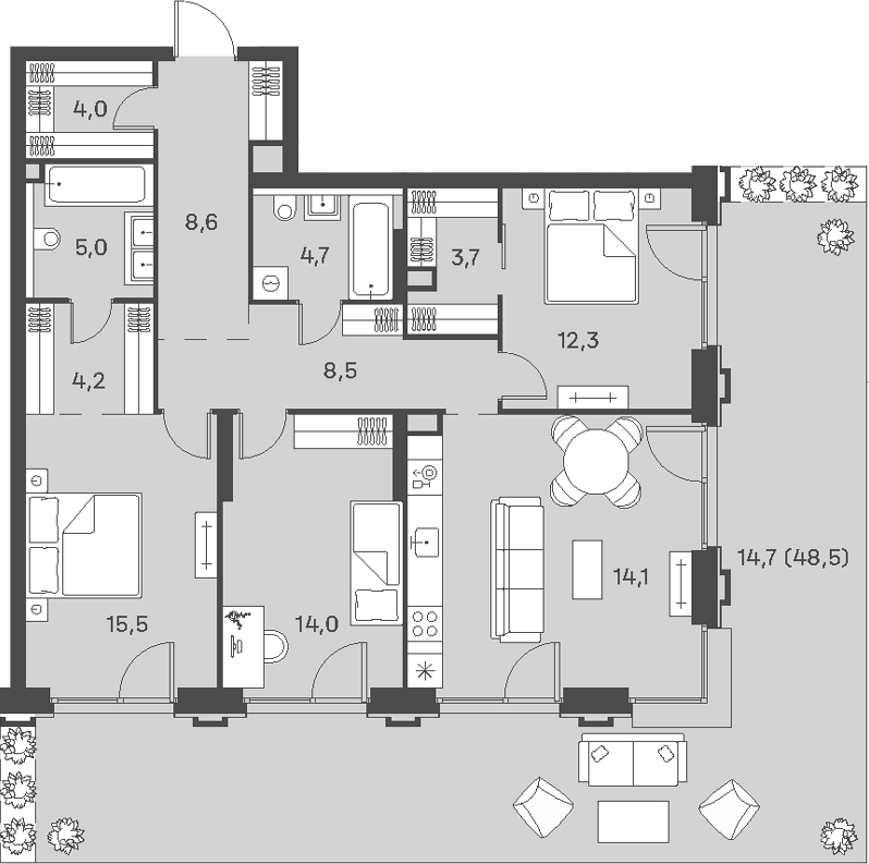 Планировка евро-4 (4Е) 111.5 м² в ЖК «Портленд», корпус 5