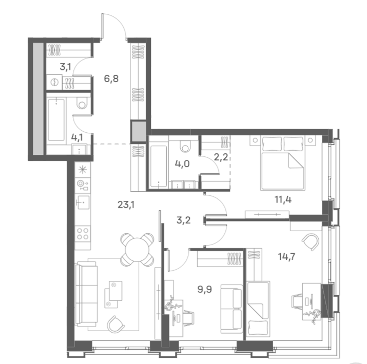 Планировка евро-4 (4Е) 82.5 м² в ЖК «Портленд», корпус 1