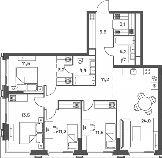 Планировка 5Е-к.кв 104.5 м² в ЖК «Портленд», корпус 8
