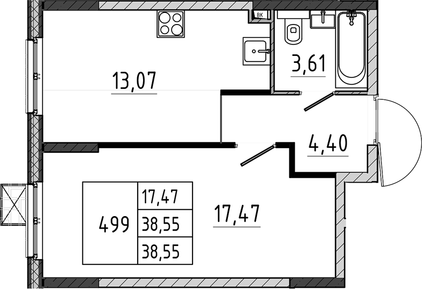 Планировка однокомнатная 38.55 м² в ЖК «Поварово-Молодежный-2», корпус 1
