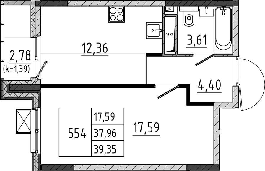 Планировка однокомнатная 39.35 м² в ЖК «Поварово-Молодежный-2», корпус 1