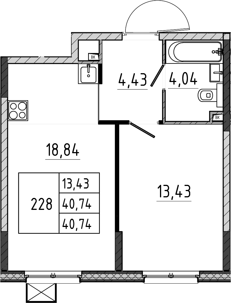 Планировка евродвушка (2Е) 40.74 м² в ЖК «Поварово-Молодежный-2», корпус 1
