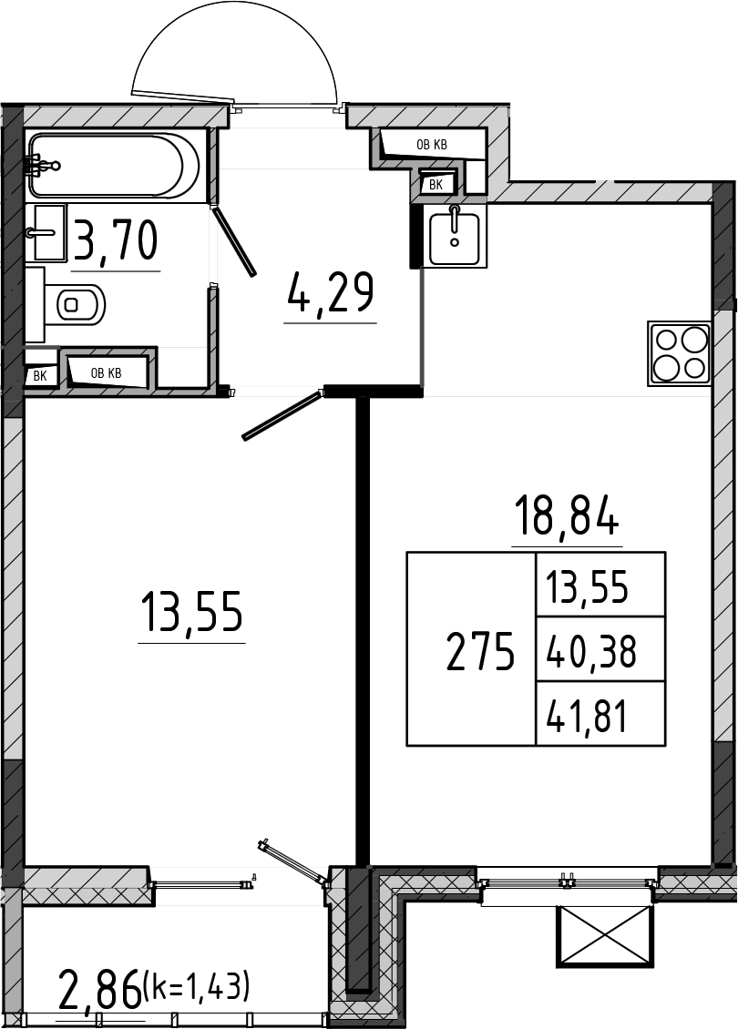 Планировка евродвушка (2Е) 41.81 м² в ЖК «Поварово-Молодежный-2», корпус 1