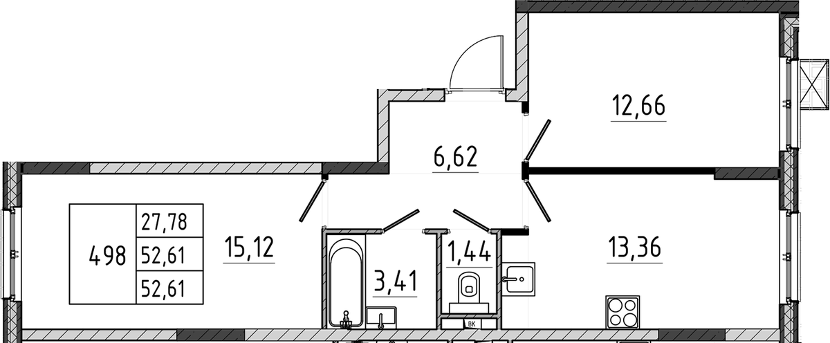 Планировка двухкомнатная 52.61 м² в ЖК «Поварово-Молодежный-2», корпус 1