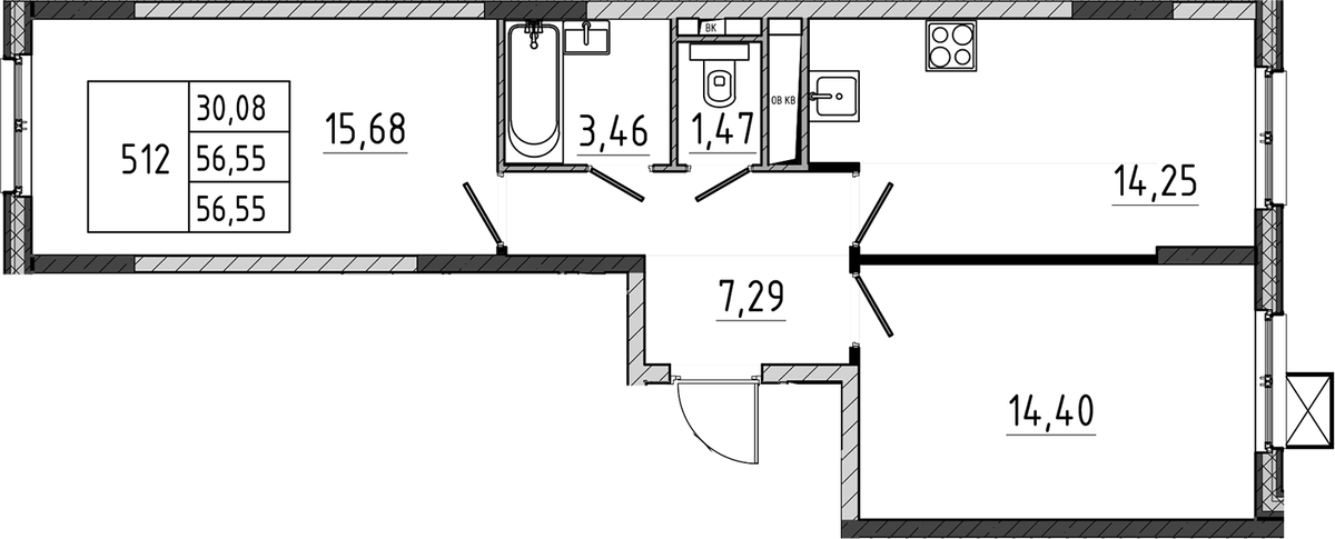 Планировка двухкомнатная 56.55 м² в ЖК «Поварово-Молодежный-2», корпус 1