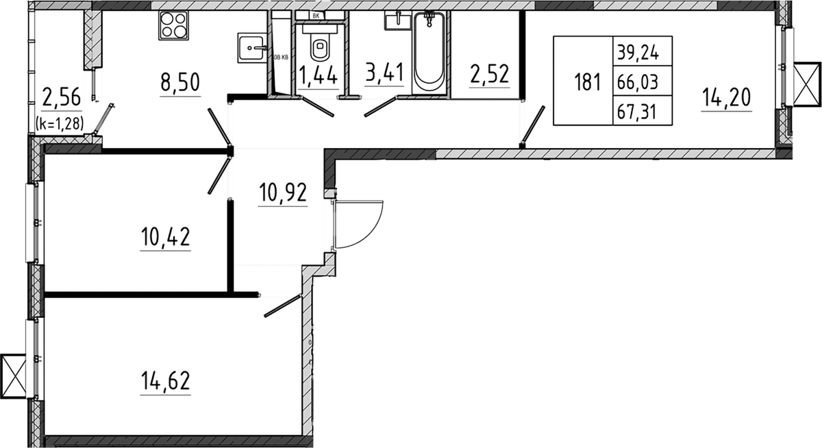 Планировка трёхкомнатная 67.31 м² в ЖК «Поварово-Молодежный-2», корпус 1
