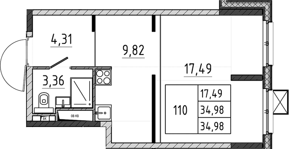 Планировка Студии 34.98 м² в ЖК «Поварово-Молодежный-2», корпус 1
