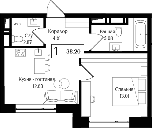 Планировка однокомнатная 38.2 м² в ЖК «Преображенская площадь», корпус 1